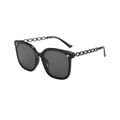 Black oversized sunglasses with gold star accents and stylish metal chain link temples - Black Frame Gunmetal Temples Grey Lens