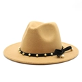 Elegant khaki wool fedora hat with pearl chain and bow detail for women's autumn style - Camel