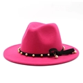 Elegant rose red wool fedora for women with pearl chain band and chic black bow detail - Rose Red