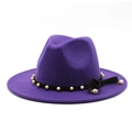 Detail of purple wool felt fedora featuring pearl chain trim and black bow decoration - M (56-58cm) / Purple