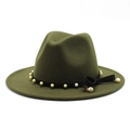 Detail of olive green wool fedora hat featuring black ribbon with pearls and bow detail - Army Green