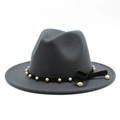 Close-up of grey wool fedora hat with black band and pearl tassel detail - Dark Gray