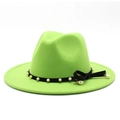 Detail of green wool jazz hat featuring black velvet band with pearls and tassel bow - Fluorescent Green