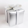 Square silver Christmas gift box with metallic finish and glittery ribbon bow decoration - 30cm/Silver