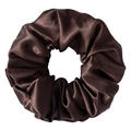 3.5cm wide dark brown mulberry silk scrunchie with smooth glossy finish on white background - Coffee