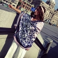 Blue and white floral cotton linen shawl with pink borders for beach sun protection - 180*90CM / 37109-Blue White Print