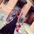 Ethnic cotton-linen scarf with geometric patterns, red borders and tassel fringe - 180*90CM / 37102-Black Red Contrast