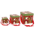 Three-piece Christmas gift box set with festive illustrations and red ribbon handles - LH-1 Red Plaid Set Box