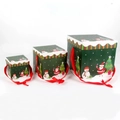Three-piece nesting Christmas gift box set in forest green with festive Santa and snowman motifs - LH-3 Green Theme Set Box