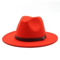 Classic red wide brim wool fedora hat with embossed leather band and vintage metal buckle - M (56-58cm) / Orange Red