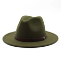 Detail of dark green wool fedora with brown leather band and antique metal buckle - M (56-58cm) / Army Green