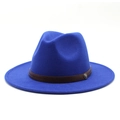 Detailed close-up of blue wool fedora featuring a textured brown leather band and metal pin - M (56-58cm) / Sapphire Blue