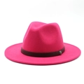Classic wide brim wool felt fedora in vibrant magenta with brown leather band and emblem - M (56-58cm) / Rose Red
