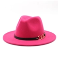 Detail of rose red wool fedora hat featuring a black leather band and gold chain buckle - M (56-58cm) / Rose Red