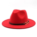 Detail of red wool felt fedora featuring a black leather band and gold metal chain buckle - Red