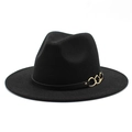 Classic black wool fedora hat with wide brim and elegant gold chain link metal buckle - Black