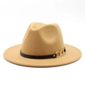 Detail of camel wool fedora hat featuring a slim black leather band and gold chain buckle - M (56-58cm) / Camel