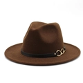 Detail of dark brown wool fedora hat featuring a slim black band and gold buckle - M (56-58cm) / Dark Coffee
