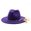 Detail of purple fedora hat featuring natural brown feathers and wooden bead trim - M (56-58cm) / Purple