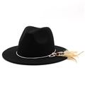 Classic black felt fedora hat with bohemian style feather and beaded band decoration - M (56-58cm) / Black