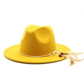 Detail of yellow wool fedora hat with white rope, colorful wooden beads and natural feather - M (56-58cm) / Yellow
