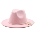 Pink wool fedora hat with white tassel cord decoration and wide flat brim for women - Pink