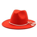 Detail of red wool felt fedora with white tassel cord and flat wide brim - Orange Red