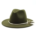 Detail of olive green wool fedora hat featuring white decorative rope and side tassels - Army Green