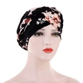 Black turban hat for women with orange floral print and braided twist detail - Black Pink Flower