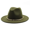 Detail of olive green wool fedora hat featuring a gold chain with white pearl accents - M (56-58cm) / Army Green