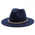Detail shot of navy blue wool felt fedora featuring a gold chain and white pearl band - M (56-58cm) / Navy Blue
