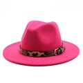 Detail of rose red fedora hat with leopard print band and metal buckle attachment - M (56-58cm) / Rose Red