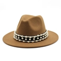 Close-up of brown wool fedora hat featuring a stylish black ribbon with white pearls - Light Coffee