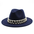 Detail of navy blue wool fedora with a black band featuring triple rows of white pearls - Navy Blue
