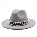 Detail of grey fedora hat with black velvet band and three rows of elegant pearls - Light Gray
