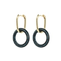 Detail of gold oval earrings with blue and black pavé crystals on round pendant charms - Round / Black Blue