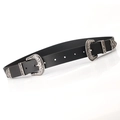 Cinturón de cuero negro para mujer con hebillas dobles plateadas talladas estilo western - Negro