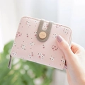 Women's pink floral short wallet with lychee texture and gold snap button closure - Pink