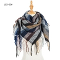 Navy and brown plaid tassel scarf made of thick faux cashmere on white mannequin - Blue-Brown