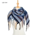 Men's striped plaid scarf with tassels in navy blue, brown, and beige color block - Navy Blue