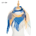 Écharpe à rayures et carreaux avec franges en bleu, jaune et beige à blocs de couleurs - Bleu Royal (FS1-05#)
