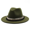 Dark green wool felt fedora hat with bohemian ribbon trim and sequin tassels - Army Green