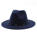 Detailed view of navy wool fedora with black ribbon and gold metal cylinder accents - M(56-58cm) / Navy Blue