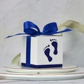 White baby shower candy box with blue ribbon bow and footprints for party favors - Dark Blue