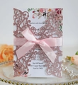 Laser cut rose gold glitter wedding invitation with pink ribbon bow and floral card - Glitter Pink
