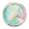 Dettaglio di un piatto di carta marmorizzato tondo con scritta Happy Birthday dorata - Piatto di carta