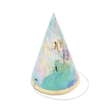 Dettaglio cappello da festa sfumato blu e viola con scritta Happy Birthday in oro lucido - Cappello di carta Happy Birthday