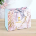 Pink marble gradient gift bag with gold glitter, blue sides and gray ribbon bow - 36x25x12cm / Pink Marble Heart-Silver Ribbon