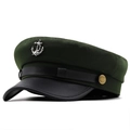 Deep green flat top navy hat with black leather brim and golden anchor badge - M (56-58cm) / Army Green