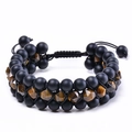 Detailed view of handmade three-layer braided bracelet with tiger eye and matte onyx beads - Triple Row Matte Tiger Eye Style (WB357)